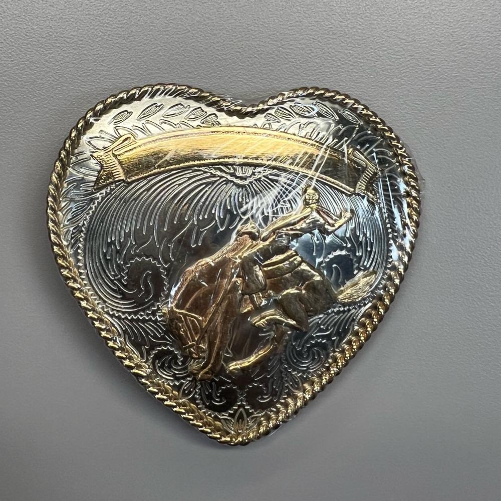 Silver Plated Heart Buckle with Bucking Horse and Rider